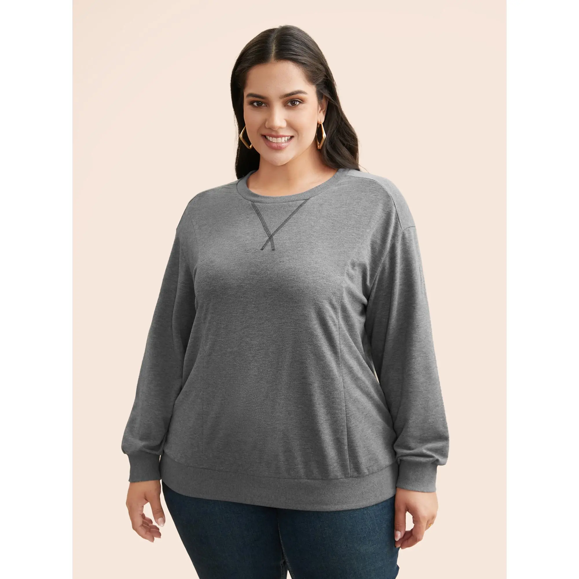 BloomChic Women's Casual Patchwork Pullover, Regular Fit Long-Sleeve Drop-Shoulder Cotton Blend Sweatshirt Top, Tops, Garment, Spandex, Fabric, Lady, Everyday, Clothes, Casual Wear, Comfy Casual