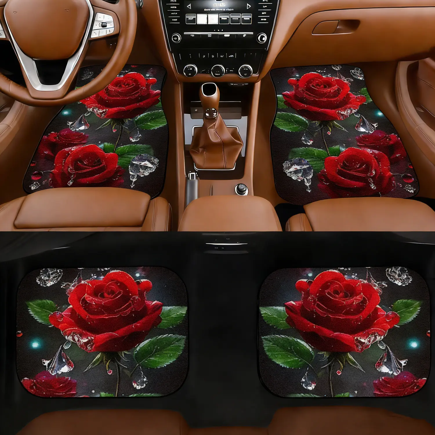 JOYFINITY 4pcs Set Of Red Rose Pattern Front And Rear Car Floor Mats, Suitable For All Seasons, Anti-slip, Stain-resistant And Easy To Clean, Car Interior Accessories, Suitable For All Vehicle Models, Halloween Decorations,Gifts From Family And Friends