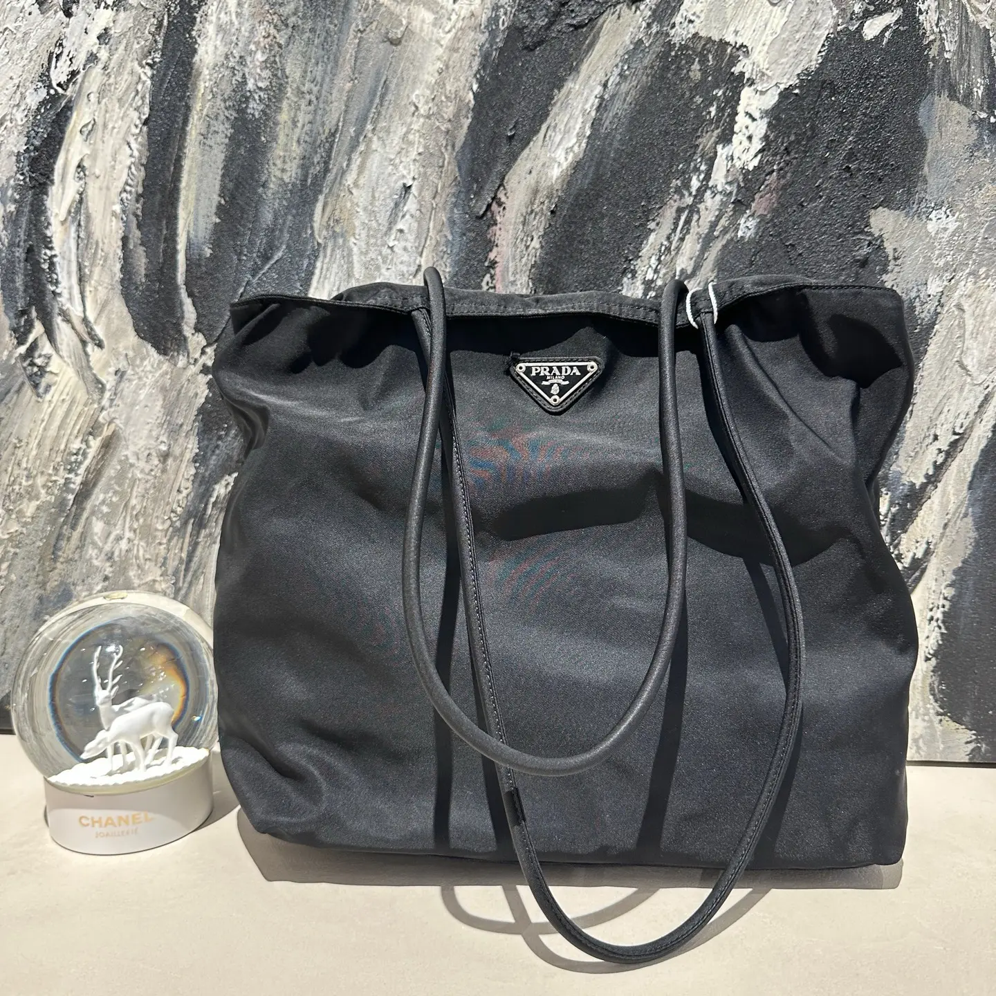 Pre-owned PRADA nylon tote medium size black and silver tone