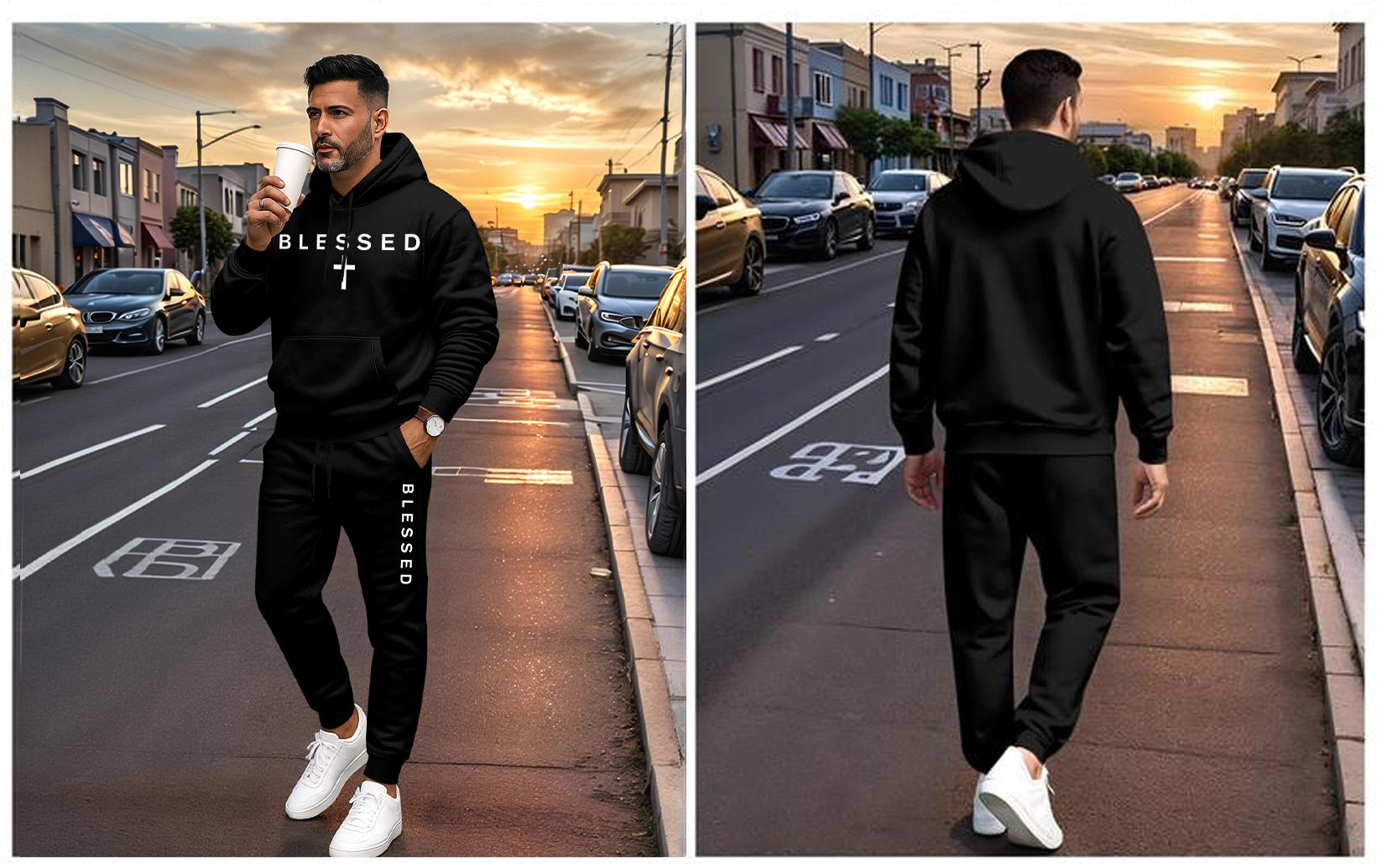 Men's Blessed Cross Letter Pattern Print Hoodie and Drawstring Sweatpants Set, Menswear, Casual Athletic Long Sleeve Hooded Jacket & Trousers for Fall & Winter, Men's Clothing for Daily Wear, Sportswear Indoor Outdoor, Tracksuit, Athleisure