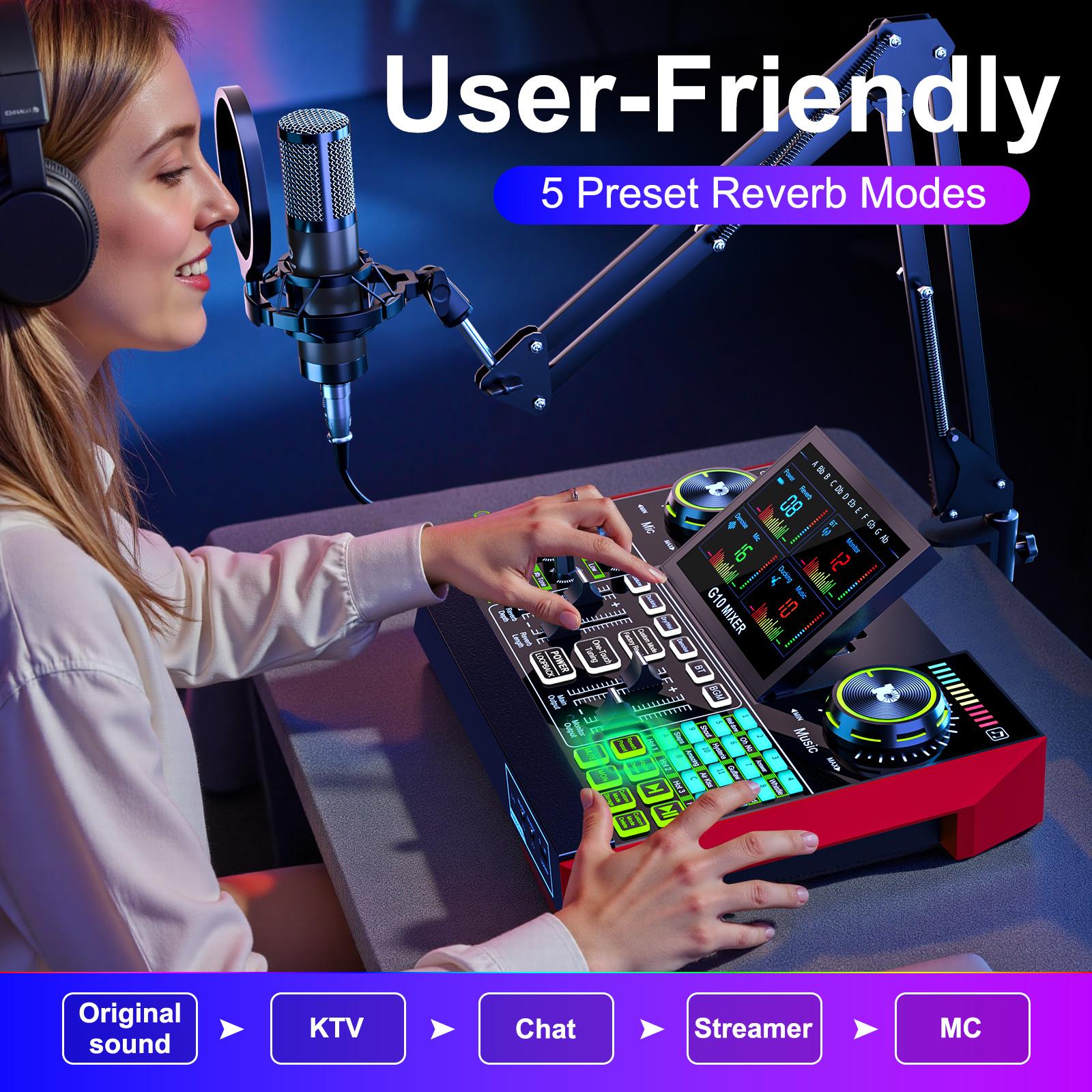 Tenlamp G10-P15 Cantilever Series Audio Mixer, Live Sound Card with XLR Microphone Connector, Professional Chipset, 48V Phantom Power Supply, One Touch Noise Reduction, One Touch Voice Change for Podcast,Recording,Vocal,Game Voice