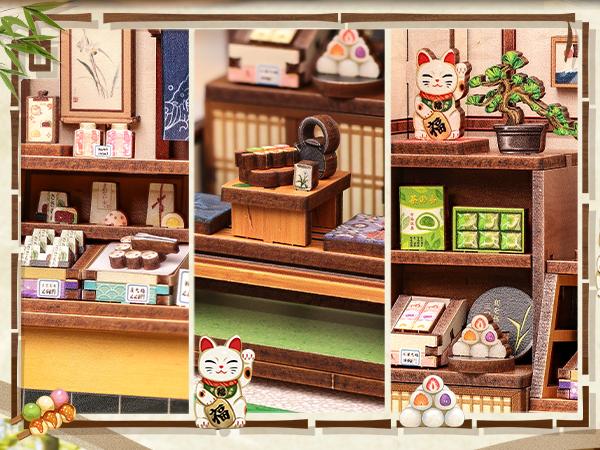 CUTEBEE Japanese Sweet Wagashi Shop Book Nook Kit with LED Light 3D Wooden Puzzle Miniature House for Adults & Teens Black Friday Deal Perfect Christmas Gift for Home Decor Lovers - Diy Material