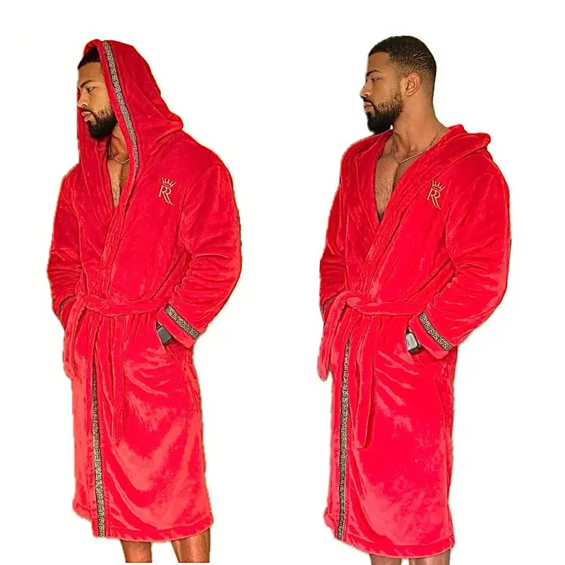 Royalty Robes Men's Red Hooded Belted Longsleeve Fleece Nightwear Robe - Menswear, Gold Greek Key Trim, Pockets, Casual Comfort Sleepwear & Loungewear, Belted Robe