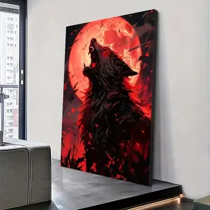 2D 1 Unique Solid Wood Frame Art Canvas Poster, Wall Art Decoration Moon Canvas Print Wolf Howl Exquisite Poster Decoration, Suitable For Living Room, Office, Bedroom And Other Places, Suitable For All Festivals, A Perfect Gift For Friends And Fami