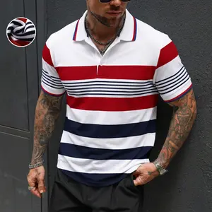 Vintage Inspired Striped Polo Tee - Decorative Button Placket with Tipped Sleeves for Timeless Fashion
