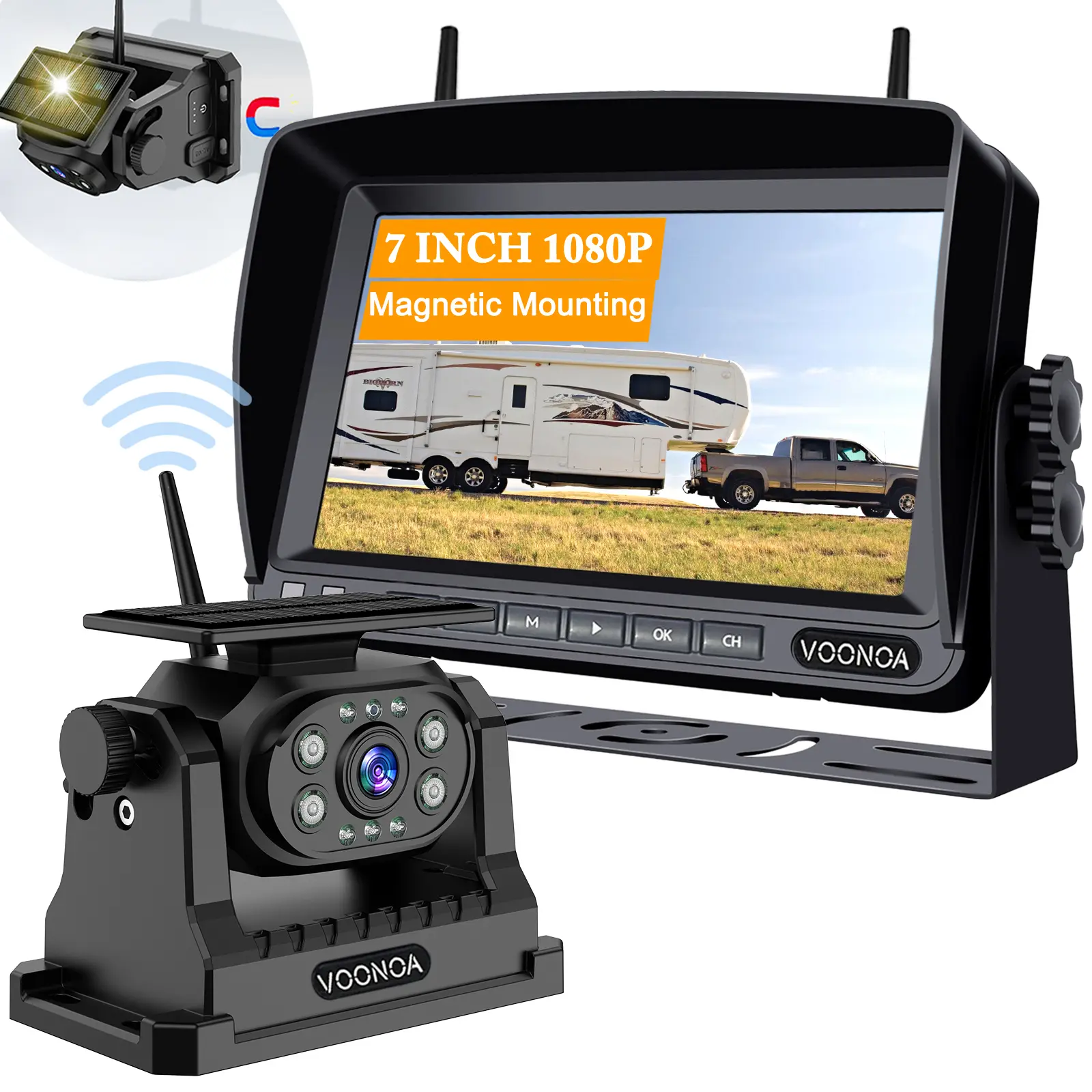 VOONOA VN003 Magnetic Mount Solar Wireless Backup Camera with 7-in HD 1080P LCD Monitor, 1500mAh Battery, No-Wiring Charging, Easy Installation, IR Night Vision, IP69 Waterproof, Driving Log, Safety Blind Spot Detection for RV Truck Automotive Accessories