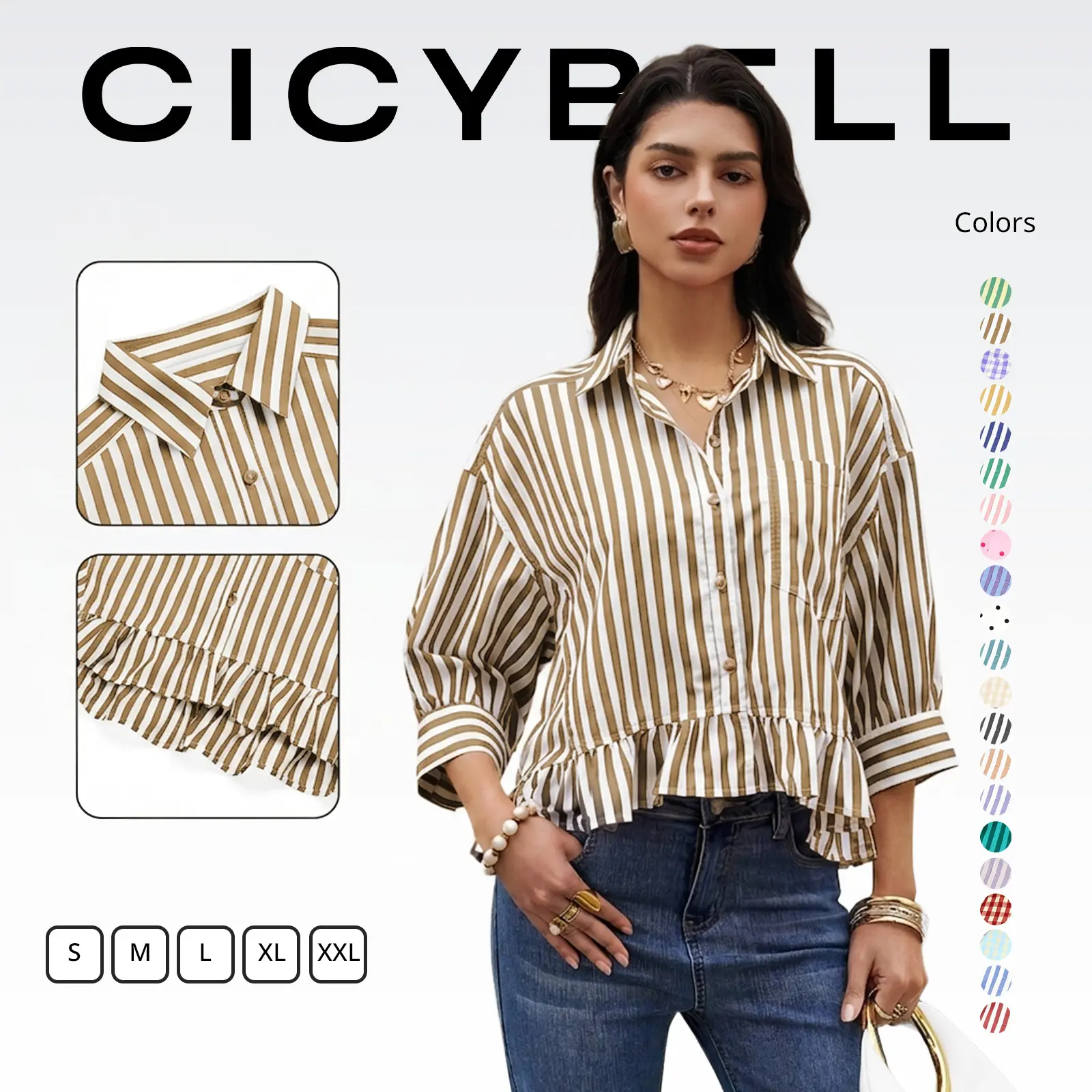 Cicy Bell Women’s Cropped Striped Button Down Shirts Ruffle 3/4 Length Sleeve Summer Tops Dressy Casual Blouses Cute Womenswear