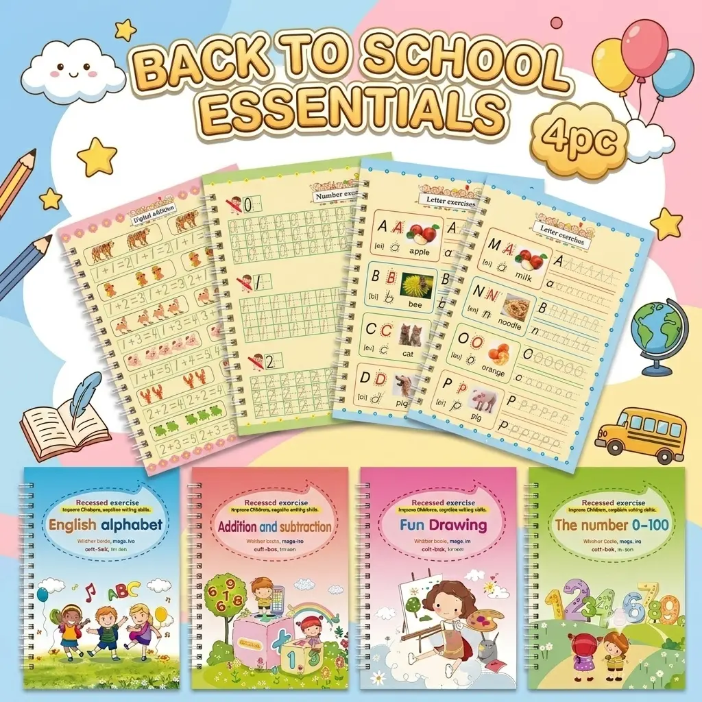 [Back to School Must-Have]Exercise Book Set with Pen, Reusable Writing Book with Groove, Tracking Alphanumeric, school supplies educational learning tools Thick Paper Magic Ink