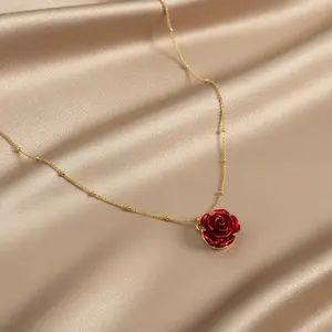 DIVINE BLOOM 14K Gold Red Rose Pendant Necklace