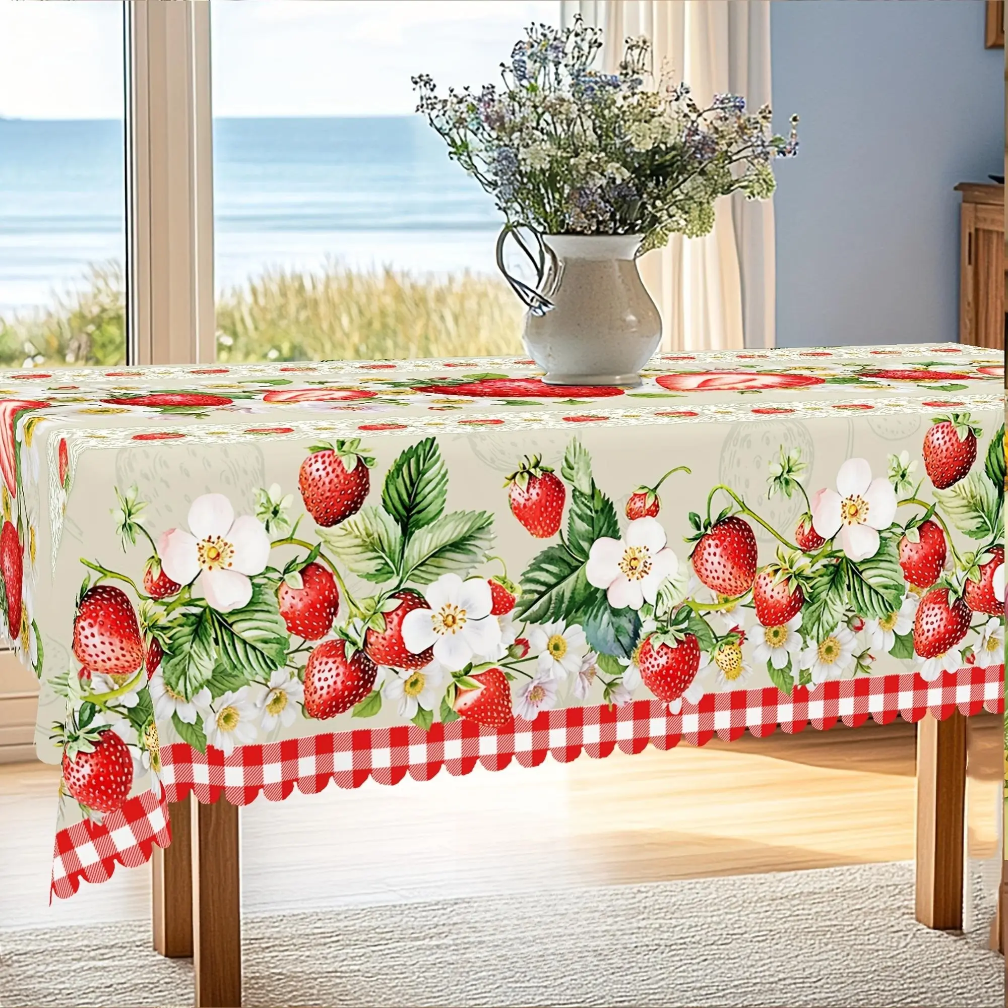 1 piece, strawberry-themed tablecloth, strawberry flower mesh design, country style rectangular tablecloth, spring and summer decoration, Home party decorations, kitchen accessory, indoor and outdoor decoration