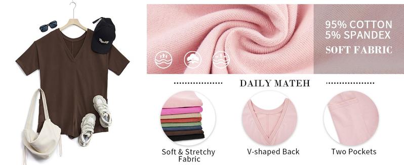 Imily Bela Comfort Baggy Tee Rompers for Women Summer Lady Athletic Oversize Romper Short Sleeve Jumpsuit Basic can be Worn on Both Sides Onesie with Pockets Casual Womenswear Overalls