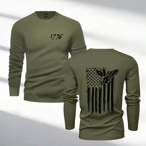 Men's long-sleeved crew neck T-shirt, stylish and versatile, featuring a 1776 and flag print design.  A men's spring/autumn base layer or casual top, suitable for outdoor activities, sports, daily commuting, vacations, and as a gift for your husband.