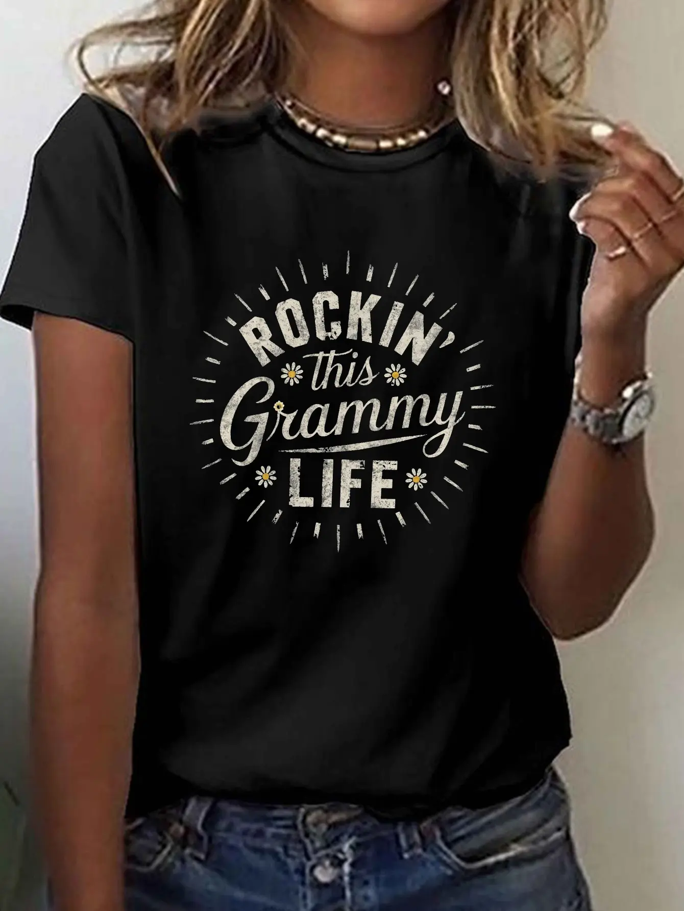 ROCKIN this Grammy LIFE Graphic T-Shirt for Women - Short Sleeve Crew Neck Casual Top with Geometric Sunburst & Stars Print, Medium Stretch Machine-Washable Fabric, All-Season Comfort Fit, Ladies T Shirts, Music Fan Apparel, Trendy Women's Tee, Comfortabl
