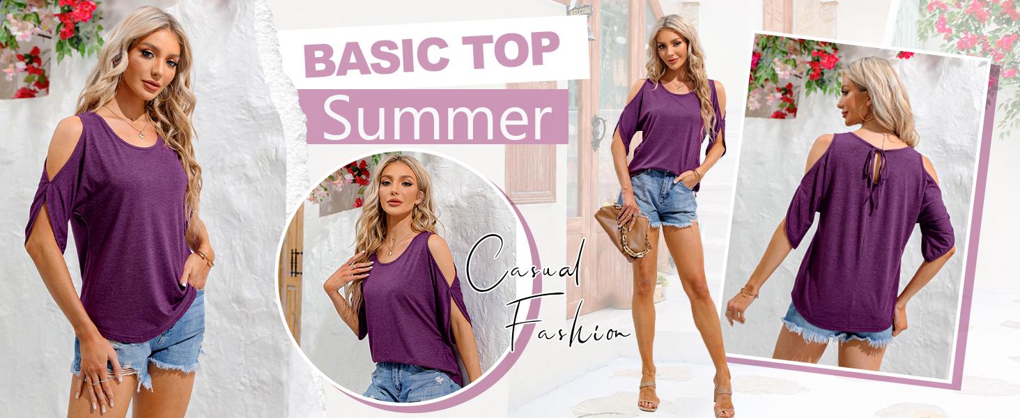 PiePieBuy Women Cold Shoulder Tops Summer Short Sleeve Shirt Scoop Neck Tee Casual Loose Fitting Solid Color Tunic Top  Basic Minimalist Tshirt Fitted Streetwear Maternity Womenswear shirts women