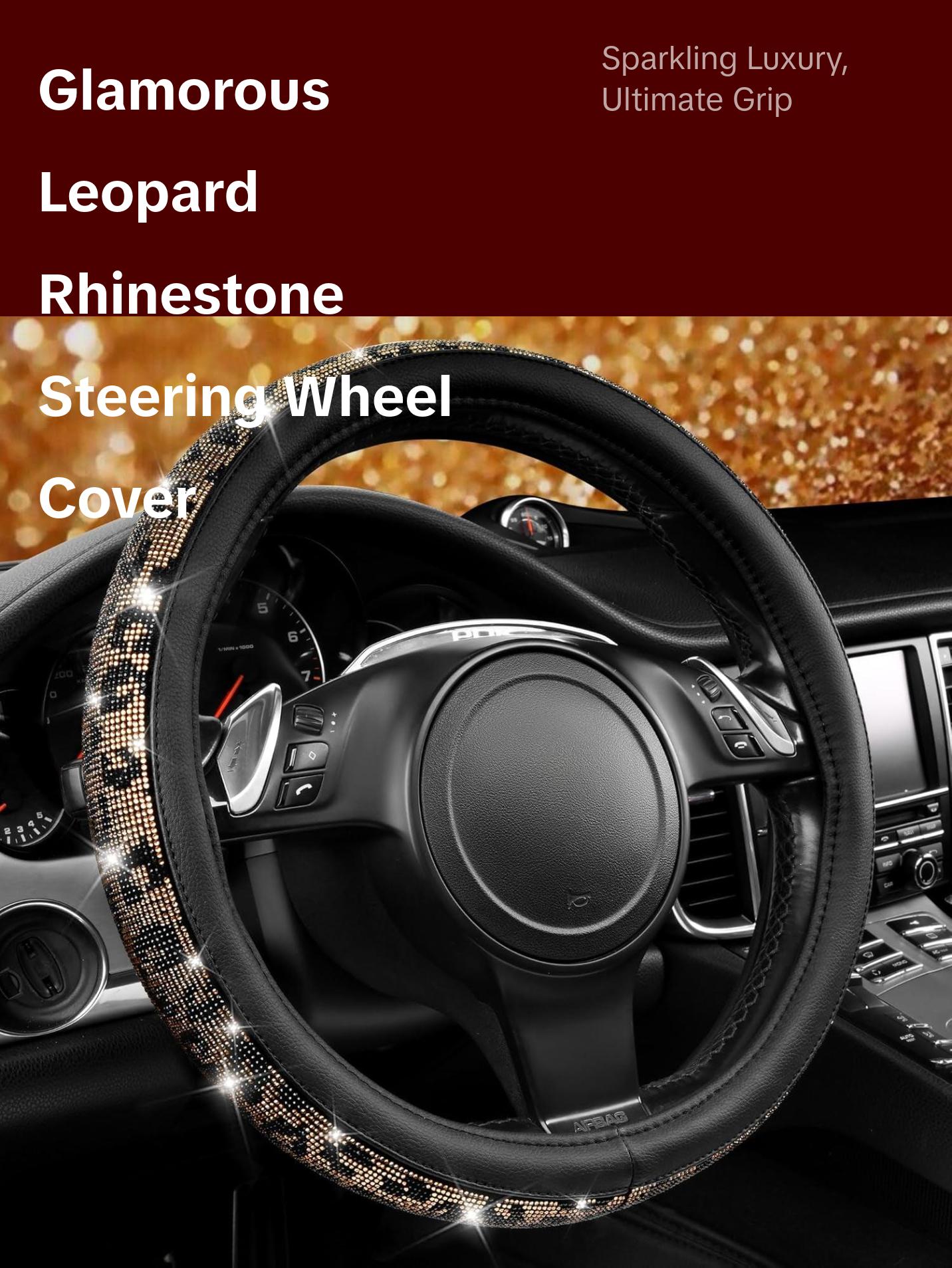 Glamorous Leopard Diamond Steering Wheel Cover - Sparkling Rhinestones & Luxurious Black Leather for Cars, SUVs, and Trucks (Fits 14.5"-15")