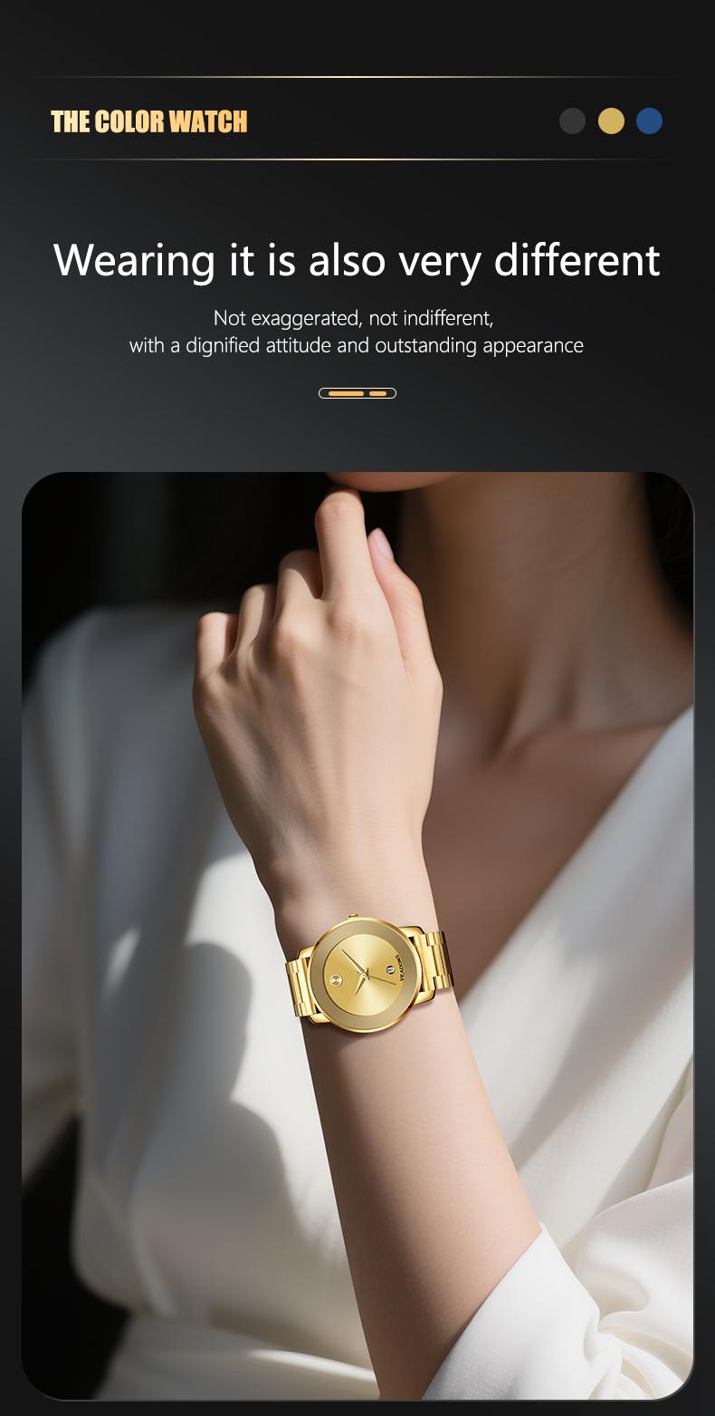 Luxury business quartz watches for ladies and gentlemen, featuring solid stainless steel straps, calendar function, and water resistance. With a minimalist design, they are elegant and durable, suitable for daily wear.