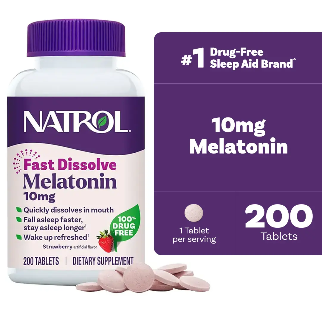 Natrol Fast Dissolve Melatonin Deep Sleep Aid Tablets, 10 mg, Adult Restful Sleep Support, 200 Strawberry-Flavored Edible Tablets with Sucralose Maltodextrin Gum Arabic, Self Care Products, Up to 200-Day Supply