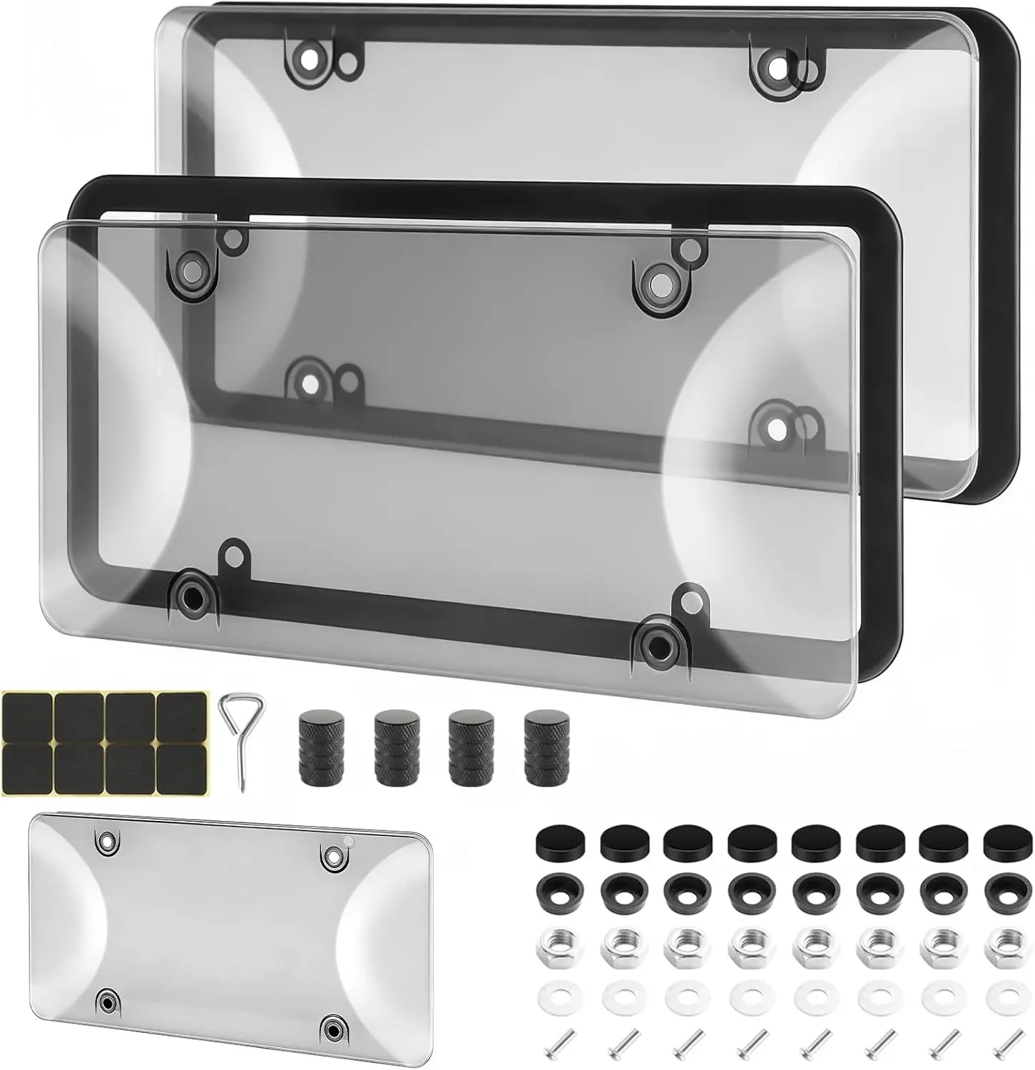 2 Pack Clear License Plate Covers, Unbreakable Anti-Yellowing Tag Protectors, Street Legal Universal Car Plate Holders with Hardware, Anti-Rattle Pads & Caps