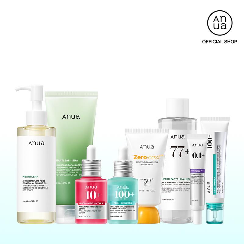 [Anua] Affordable Full-Korean Glass Skincare Routine Set｜8 Essential Tiktok Viral Items in one bundle｜For Hydration, Hyperpigmentation & Redness Care Set ｜ Cleansers, Toner, Serums, Moisturizer, Eyecream, SPF