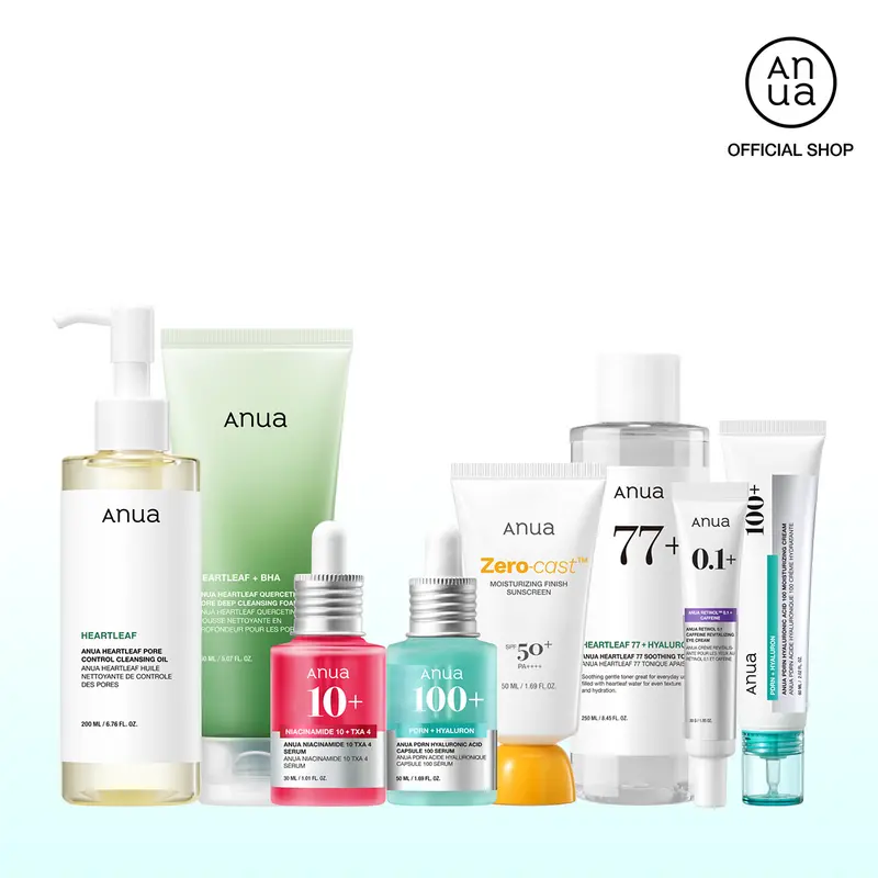 [Anua] Affordable Full-Korean Glass Skincare Routine Set｜8 Essential Tiktok Viral Items in one bundle｜For Hydration, Hyperpigmentation & Redness Care Set ｜ Cleansers, Toner, Serums, Moisturizer, Eyecream, SPF