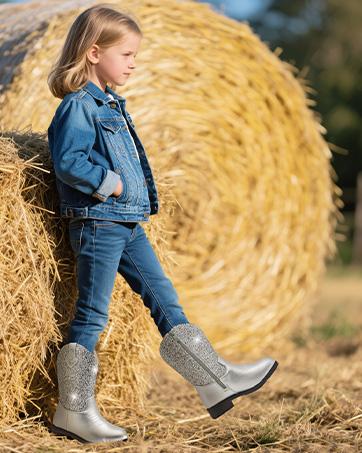Sparkly Girls Cowgirl Boots Glitter Cowboy Dress Boots for Little to Big Kid Mid Calf Round Toe Birthday Horse Riding Pu Handles Celebrations