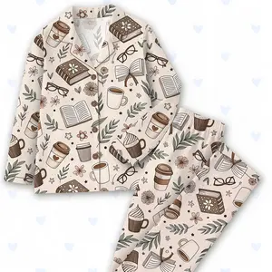 Women’s Beige Coffee And Books Reading Lover Girly Bookish Print Short Sleeve Satin Pajama Set, Long Sleeve Satin Pajama Set