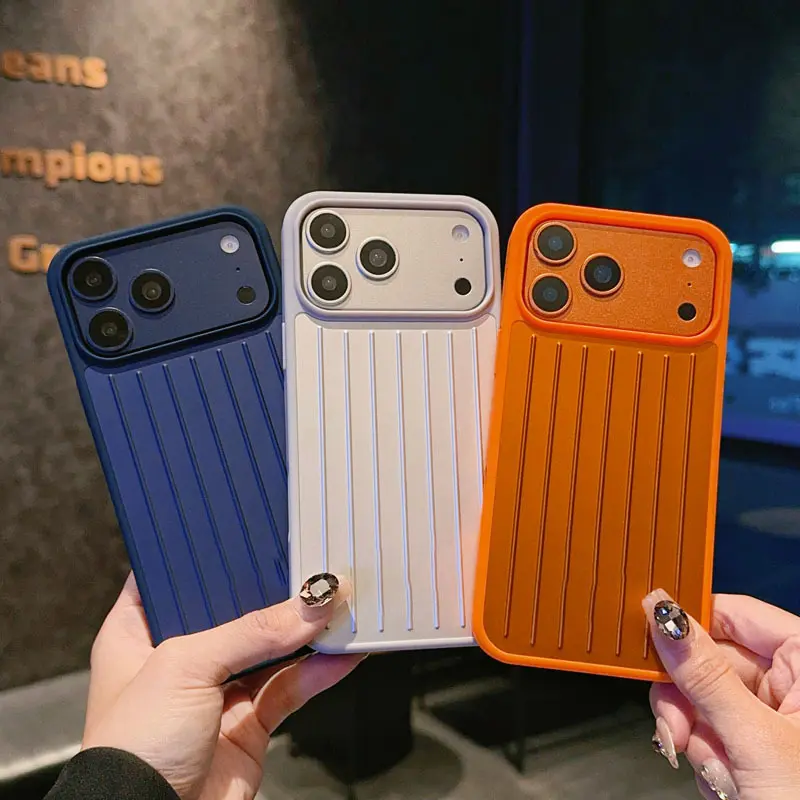 Nimo Japanese-Korean Ins-Style Luggage-Style Metal Cellphone Case - Customized Shockproof Anti-Fall Full Coverage Accessory with Vertical Lines for iPhone Series (17 Pro Max,16 Pro Max,15,14) - Multi-Model Protection Accessories