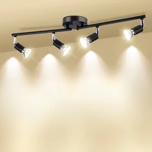LED 4 Light Track Lighting Kit, Black 4 Way Ceiling Spot Lighting, Flexibly Rotatable Head
