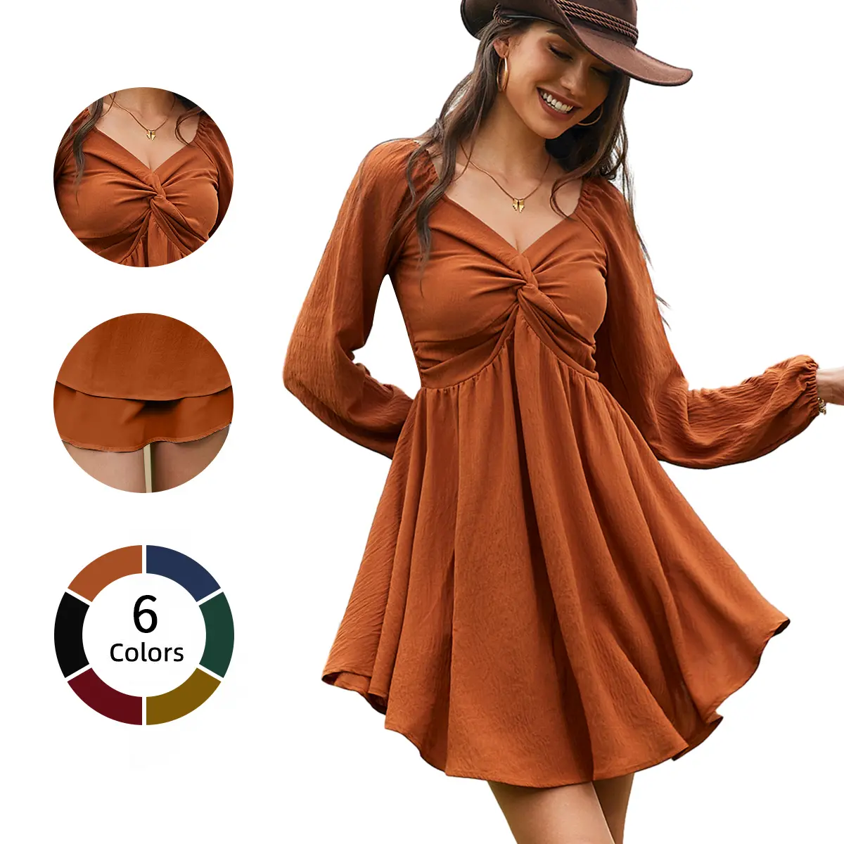 Chicovar Women's Spring Sweetheart Neckline Knot Front Flowy Mini Chiffon Dresses , Lantern Sleeve, A-Line Cut, No Scratchy, No Sheer, Westernfashion, Family Photos, Church, Party, Casual, or Daily Wear, Summervibes Long Sleeve Womenswear