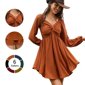 Chicovar Women's Fall Sweetheart Neckline Knot Front Flowy Mini Chiffon Dresses, Lantern Sleeve, A-Line Cut, No Scratchy, No Sheer, Christmas, Westernfashion, Family Photos, Church, Party, Casual, or Daily Wear