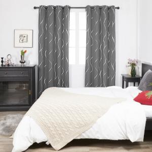 Deconovo Silver Wave Foil Print Blackout Curtains, Grommet Light Blocking Room Darkening Drapes, Thermal Window Curtains for Bedroom Living Room