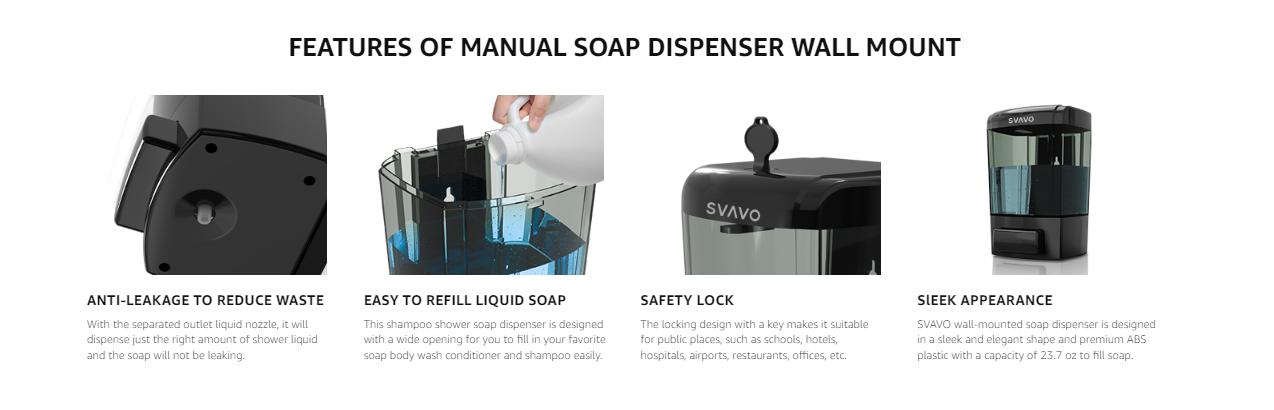SVAVO Wall Mounted Soap Dispenser 23.7oz ABS Material Minimalist Design for Kitchen Bathroom Refillable Hand Soap Dispenser with High Quality Nozzle