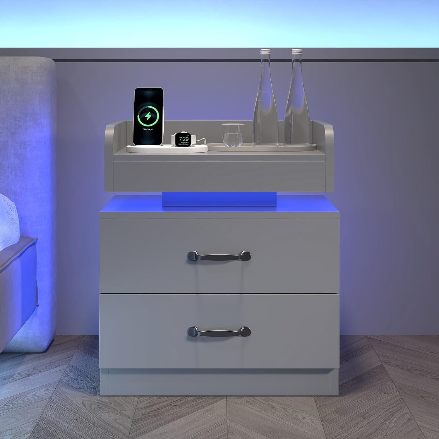 HOMBCK Smart Black Wood Nightstand with LED Lights & Charging Station, Modern Storage Drawers End Side Table, Furniture for Living Room, Room Decor, Indoor Bedside Table