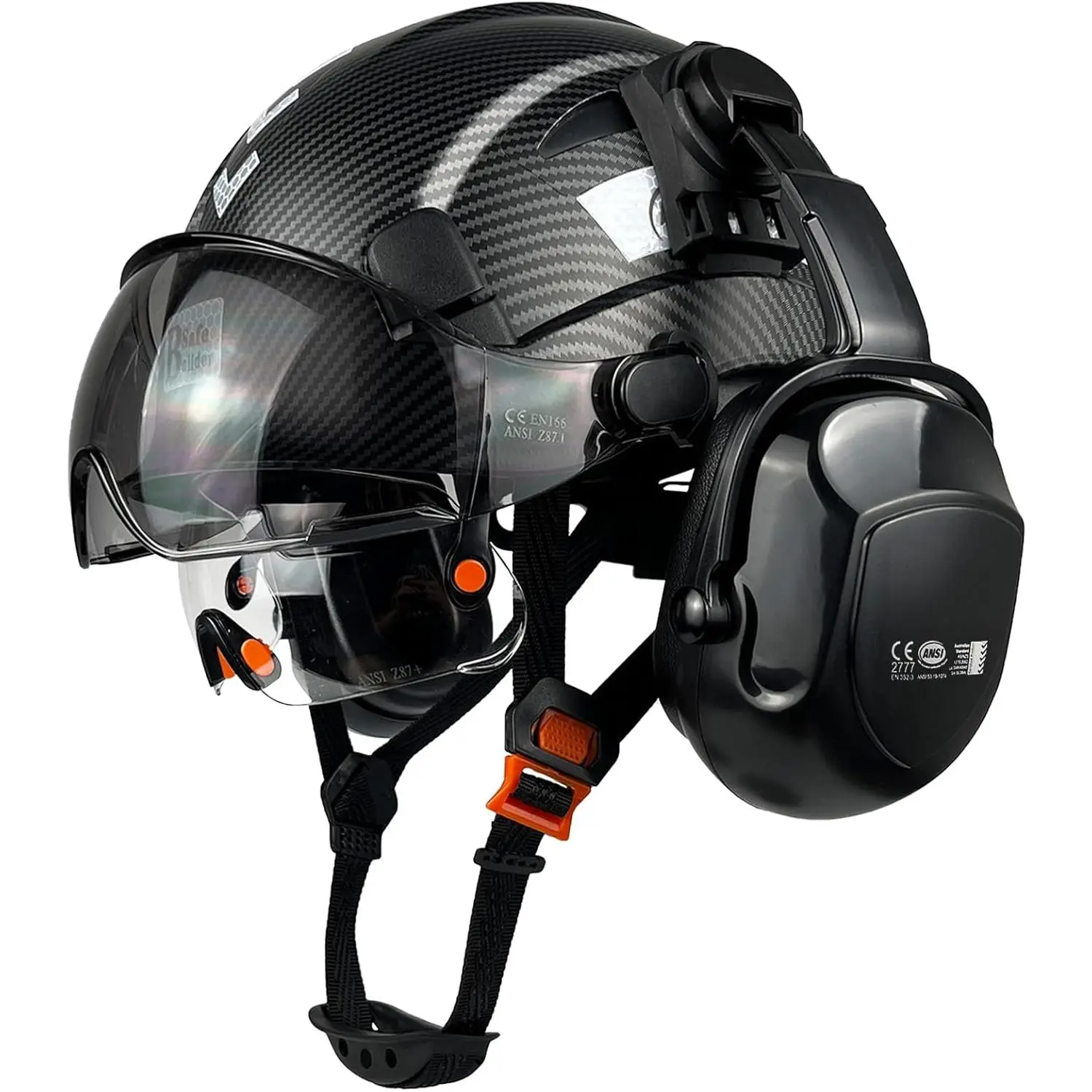 ABS Vented Safety Hard Hat with 6-Point Suspension and Adjustable Fit (53-63cm), Dual Visor with Tinted Shield and Ear Muffs for Construction, Scaffolding, and Forestry, Size Adjustability, Tinted Visor, Polycarbonate, Ventilation Ports, High-Strength Abs