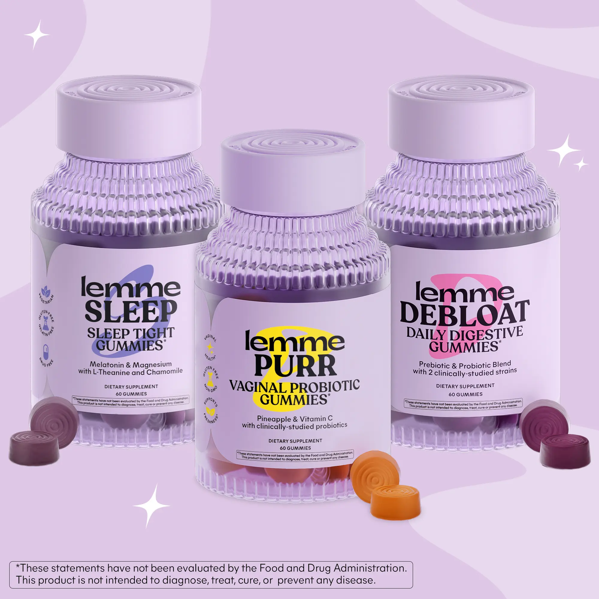 Best Sellers Bundle - Lemme Purr, Lemme Sleep & Lemme Debloat Gummies, Vaginal Health, Sleep Support & Digestive Health Gummies with Clinically-Studied SNZ-1969 Probiotics, LactoSpore & DE111
