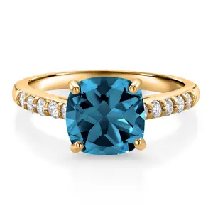 Gem Stone King 3.00 Ct Cushion London Blue Topaz G/H Lab Grown Diamond 10K Yellow Gold Engagement Ring