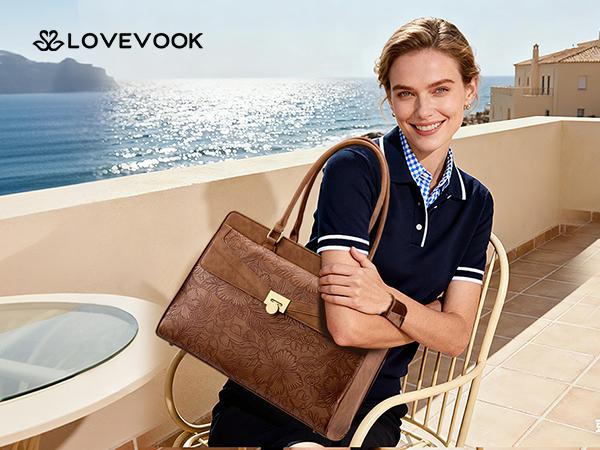 LOVEVOOK Laptop Tote Bag for Women - PU Leather Vintage Work Tote Bag,Waterproof Business Teacher Bag with Large Cup Holder,TikTokShopStockUp