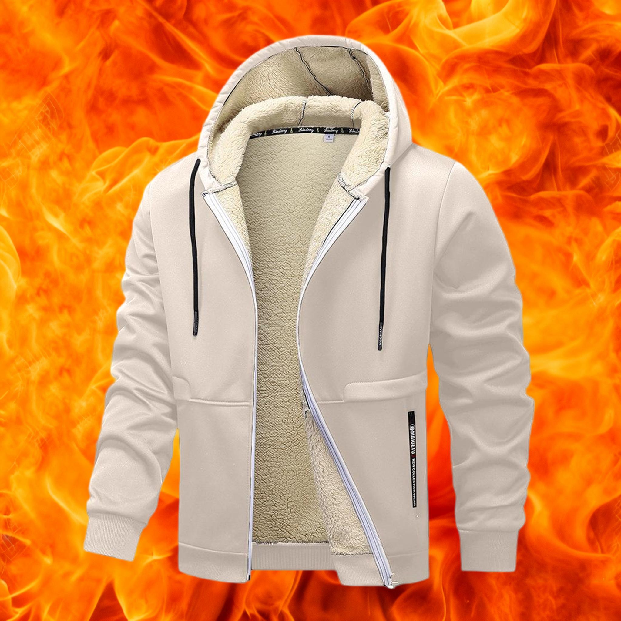 Men's Casual Zipper Wool Lined Hoodie - 100% Polyester Solid Color Long Sleeve Jacket, Lightly Stretchable Fabric, Suitable for Spring, Autumn, Hiking & Outdoor Activities, Regular Fit Hooded Sports Shirt, Men’s Warm Coat, Day Fleece Menswear  Beige Black