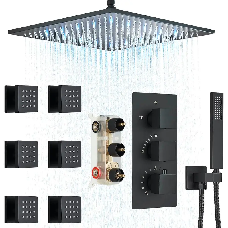 ATSHOWER Matte Black LED Thermostatic Shower Faucet Set, High Pressure Ceiling 12 Inch LED Shower Head with Handheld Bathroom Full Body Shower System Include 6 Body Spray Jet, Thermostatic Mixing Valve