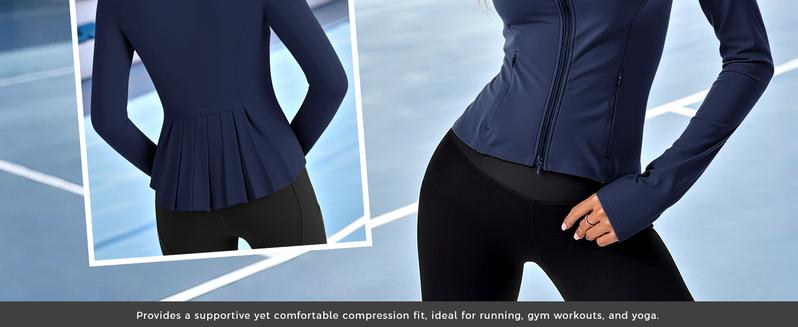 Fisoew Sports Women's Zippered Sports Jacket, Pleated Lightweight Slim Fit  Stand Collar with Thumbhole Pockets,Valentine's Day Gift Recommendations