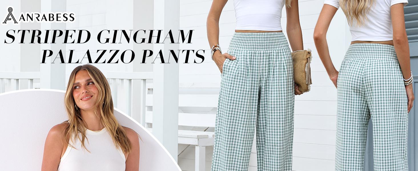 ANRABESS Womens Striped Gingham Palazzo Pants Lightweight Wide Leg High Waisted Lounge Pajama Pants Cute Casual Trousers with Pockets for Comfort SpringStatements