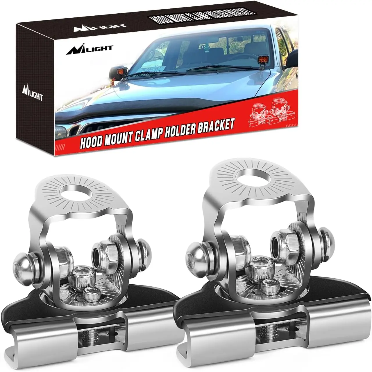 Nilight 2 x 304 Stainless Steel Light Mount Clamp Holder Brackets (8mm, Silver) - 360° Adjustable Secure Universal LED Driving Lights Pillar Work Lamp Holders, High-Compatibility Car Accessories for Off-Road Trucks, Easy