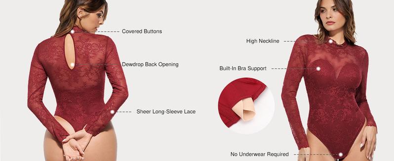 Popilush Essential Deep V-Neck Long Sleeve Bodysuit  Breathable Fabric Sheer Lace Turtleneck with Built-in Bra & Tummy Control Casual