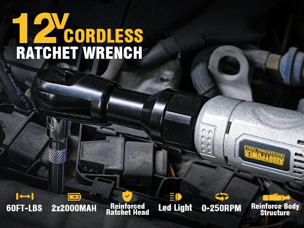 Cordless Electric Ratchet Wrench Set, 60Ft-lbs, 12V Extended Cordless Ratchet Wrench 3/8", 6 Sockets, 1/4" Adapter, Forward/Reverse Switch, 2 Batteries, 1/2" Adapter Cordless Electric Ratchet Wrench Set, 60Ft-lbs, 12V Extended Cordless Ratchet Wrench 3/8", 6 Sockets, 1/4" Adapter, Forward/Reverse Switch, 2 Batteries, 1/2" Adapter