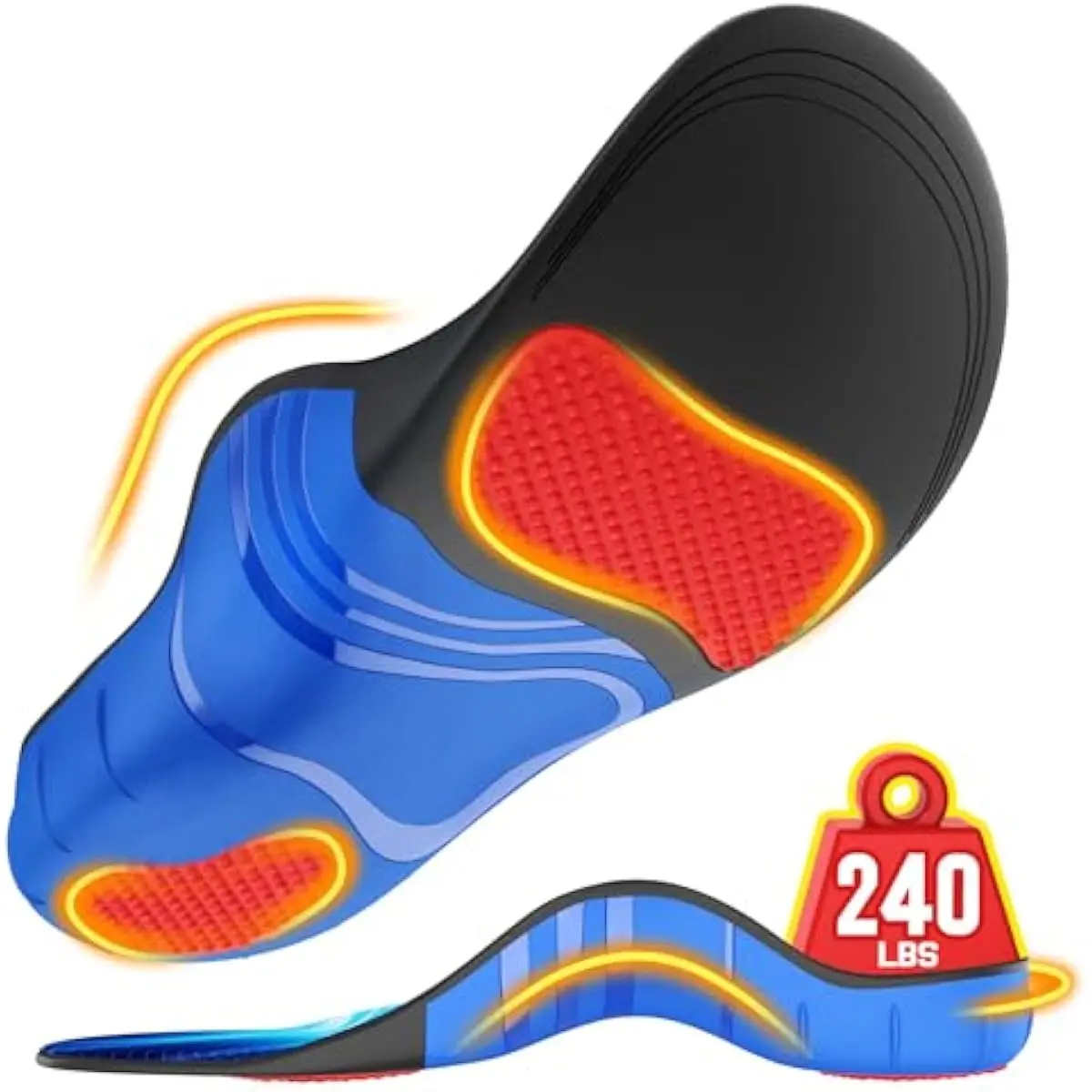240+lbs Heavy Duty High Arch Support Orthotic Insoles for Plantar Fasciitis Pain Relief - for Men, Women, Work Boots, Shoes