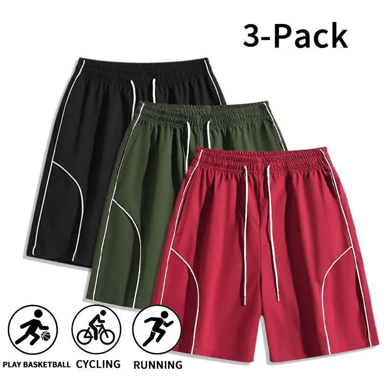 3 Pack Men’s Loose Fit Sports Shorts, Quick Dry Fabric Basketball Shorts with Contrasting White Piping, Elastic Waist Drawstring Athletic Shorts for Gym, Training, Running, and Everyday Activities