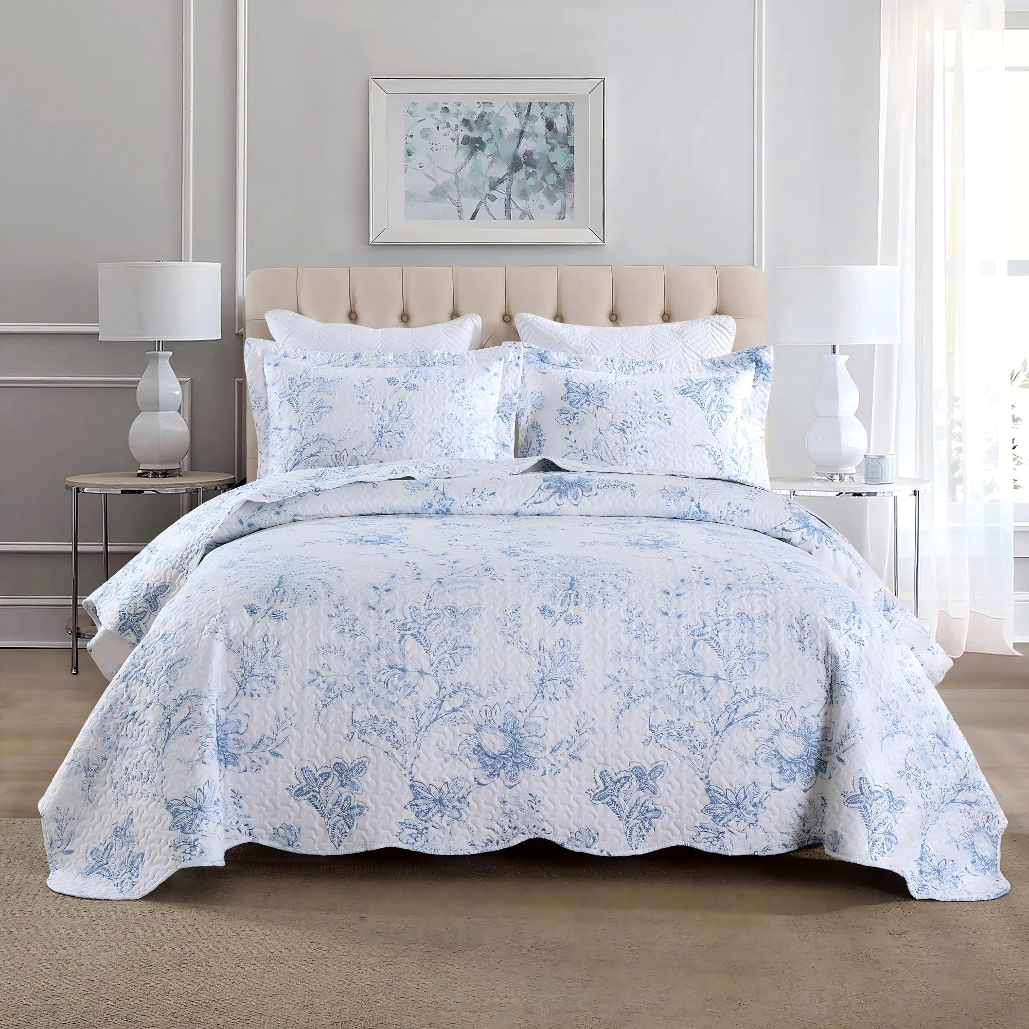 3-Piece Printed Floral Quilt Set in Blue & White Pattern - Lightweight Bedspread for Home Decor - Flat Weave Design Decorative Bedding Set Soft Bedding Sets Bedsheet Sets