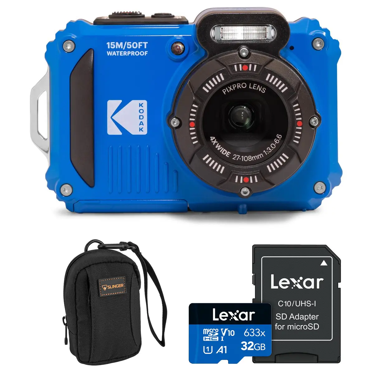 Kodak PIXPRO WPZ2 16MP Full HD Waterproof Rugged Point & Shoot Digital Camera - Built-in Wi-Fi, Wireless Connectivity, 4x Zoom, BSI CMOS Sensor, Blue, Bundle with 32GB Memory Card, Camera Bag