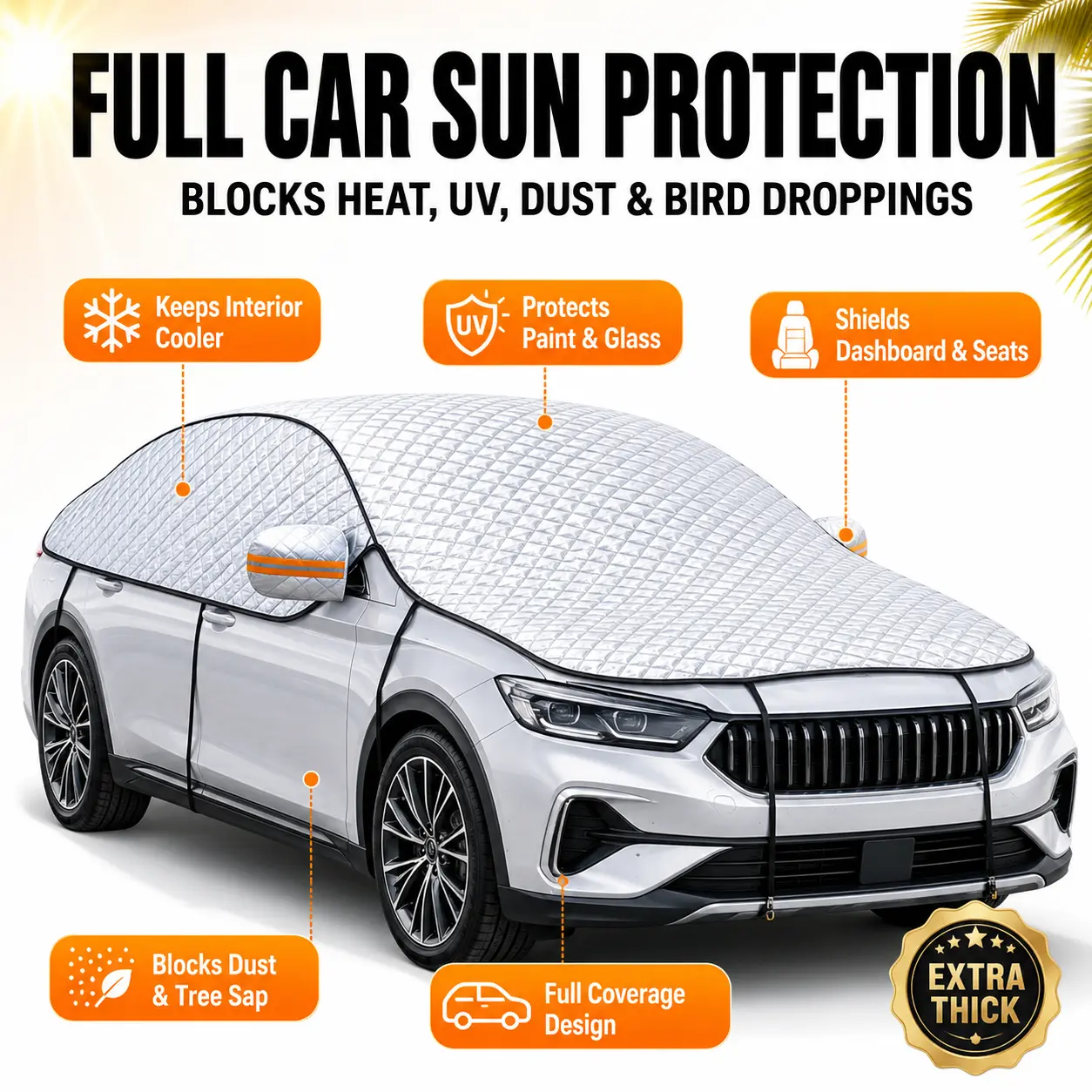 Thick Full Car Sun Cover – Heat & UV Protection, Keeps Interior Cooler, Dust & Bird Droppings Guard, Windshield to Bumper, Summer Car Cover for SUVs & Sedans,Outdoor Parking