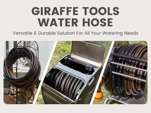 Giraffe Tools 6-25FT 5/8" Hybrid Custom Hose Aluminum Plated Connector Male to Female Re-installed Customize Hose Durable 3 Layers of Enhanced Structure All Weather Flexibility Garden Hose with 150PSI W.P. , 600 Burst PSI for Efficient Watering